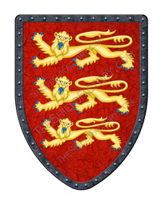 Richard Lionheart Coat of Arms shield with 3 gold lions passant on a red field